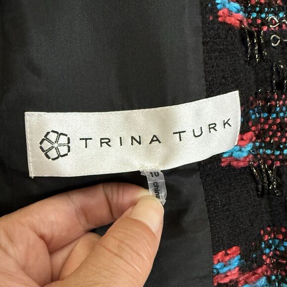 Trina Turk Good Night Tweed Boucle Fringe Chain Trim Lady Jacket Womens Sz 10 - Picture 4 of 11